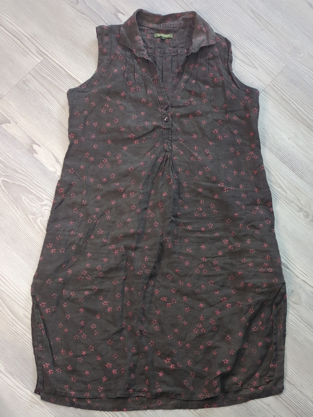 MAIWA 100% Linen Sleeveless Shirt Dress Brown Pink Floral Size Large